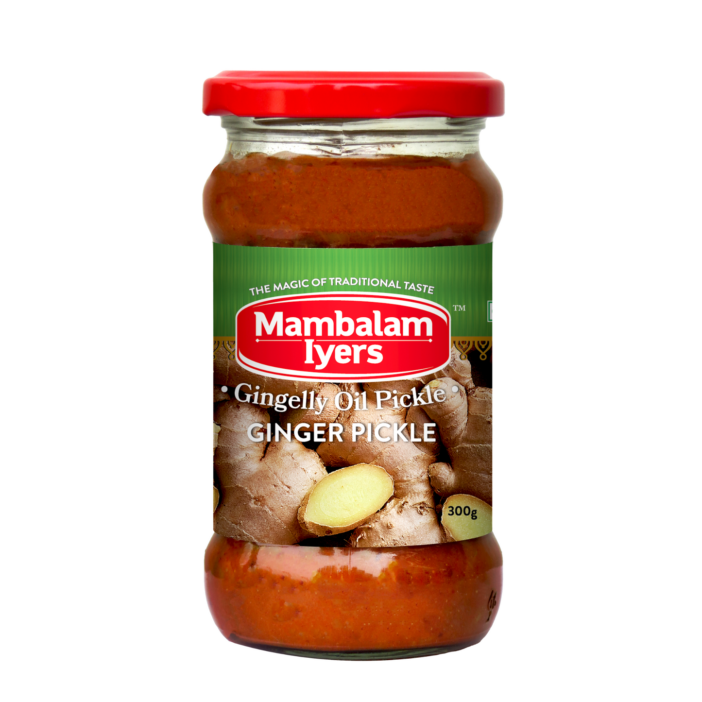 Jar of Mambalam Iyers Ginger Pickle with a red lid