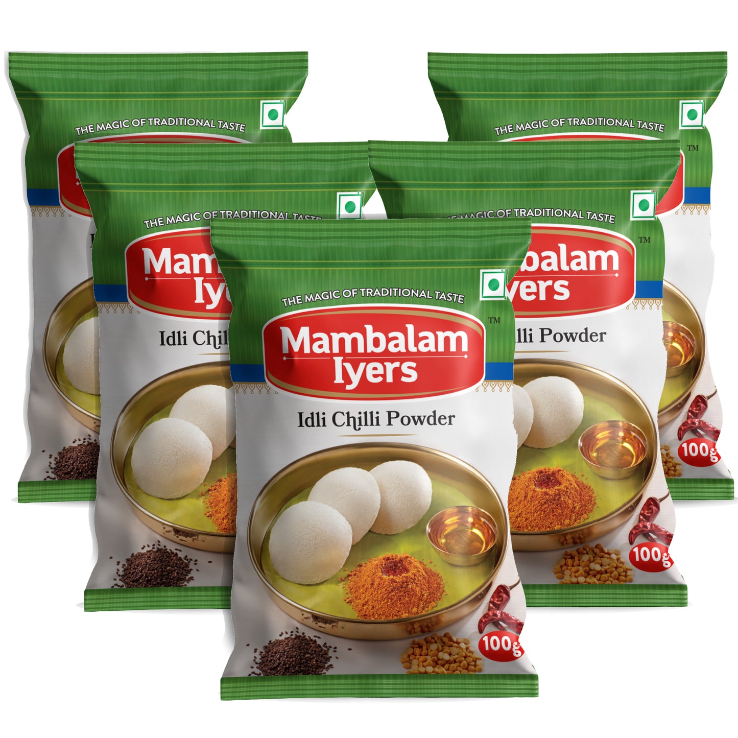 Packaging of Mambalam Iyers Idli Chilli Powder showing the product name, an image of idlis with the chili powder