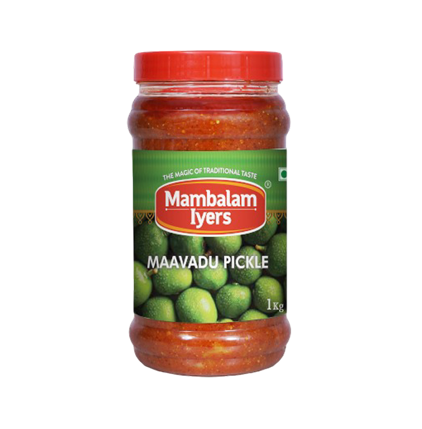 Jar of Mambalam Iyers Maavadu Pickle with a red lid