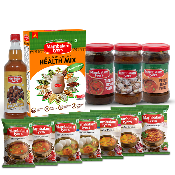 Mambalam Iyers food products including a box, bottles, and packets