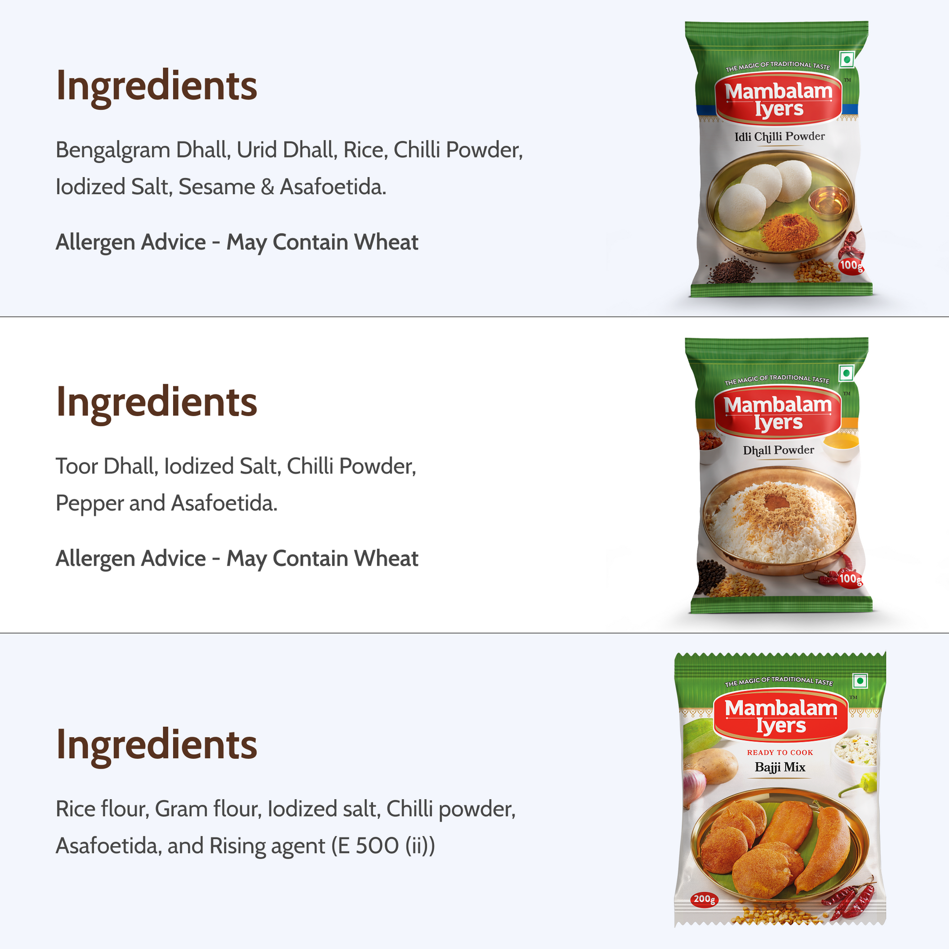 Three Mambalam Iyers spice packets with ingredient lists on a white background