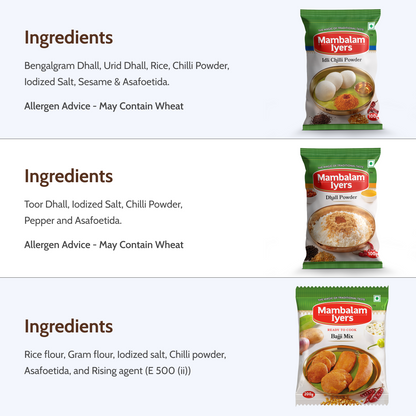 Three Mambalam Iyers spice packets with ingredient lists on a white background