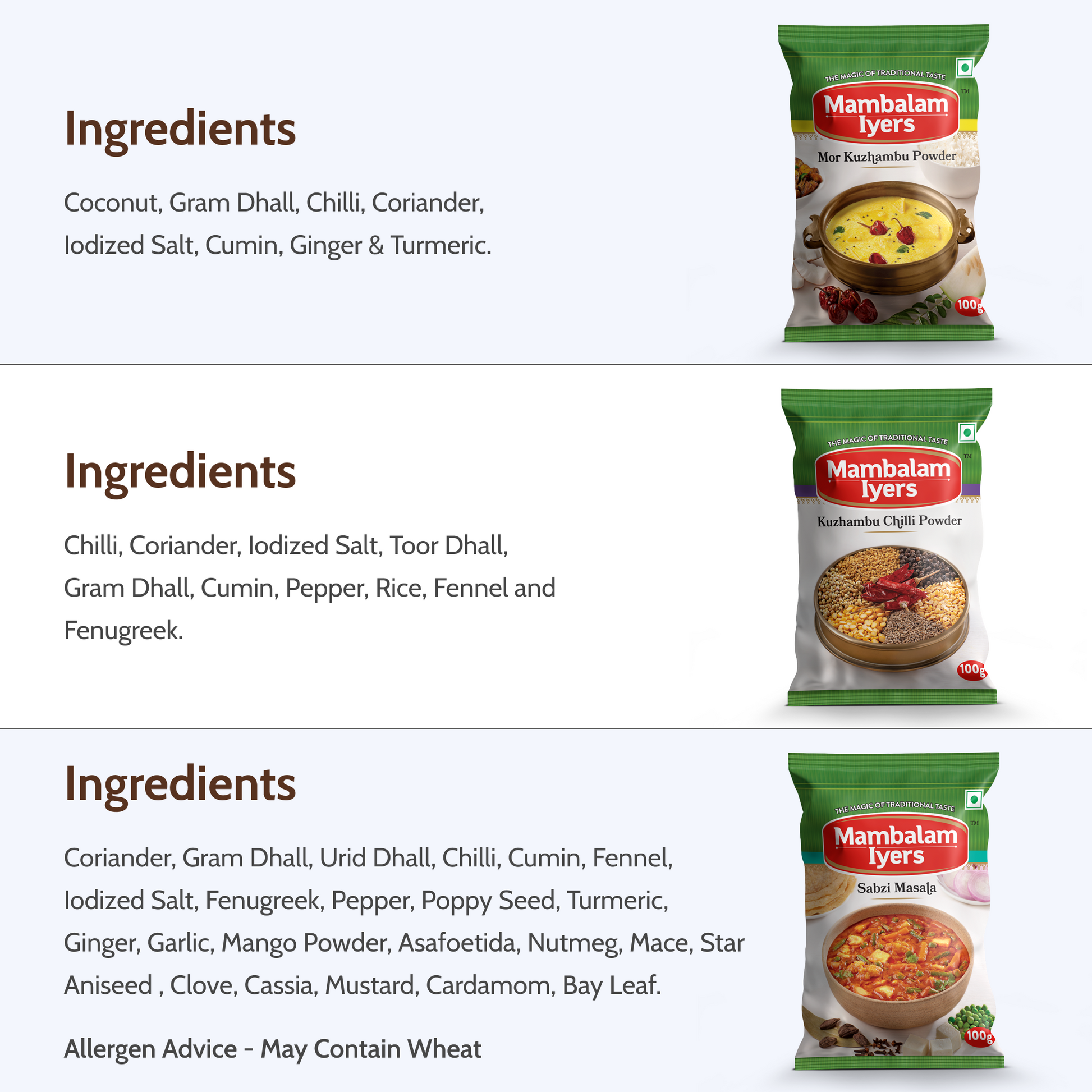 Mambalam Iyers spice packets with ingredient lists on a white background