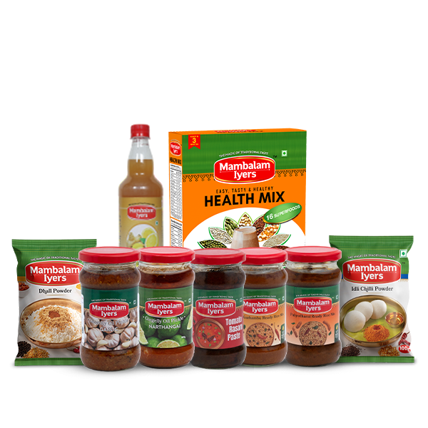 A collection of packaged food products including jars of pickle, rice mix, and  with a box of health mix