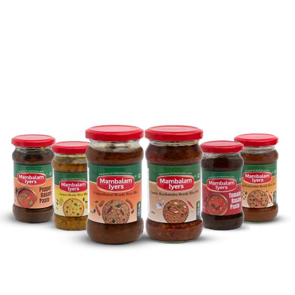 Six glass jars with red lids, each labeled with different varieties of rice mix or spice paste, arranged side by side.