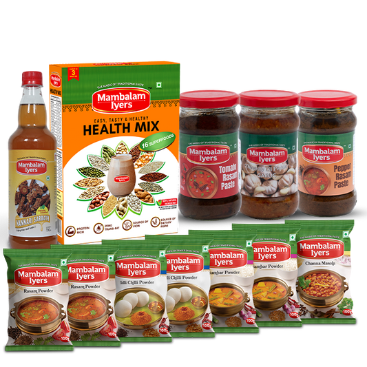 Mambalam Iyers food products including a box, bottles, and packets