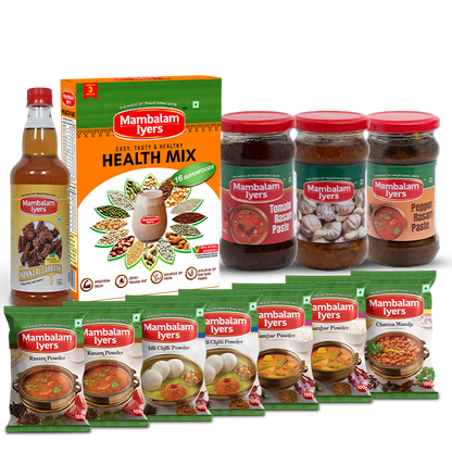 Mambalam Iyers food products including a box, bottles, and packets